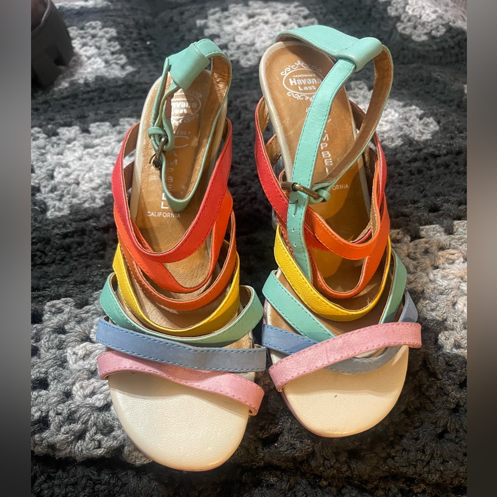 Jeffrey Campbell Size 7.5 Party Heeled Rainbow Faux Leather Strappy  Sandals